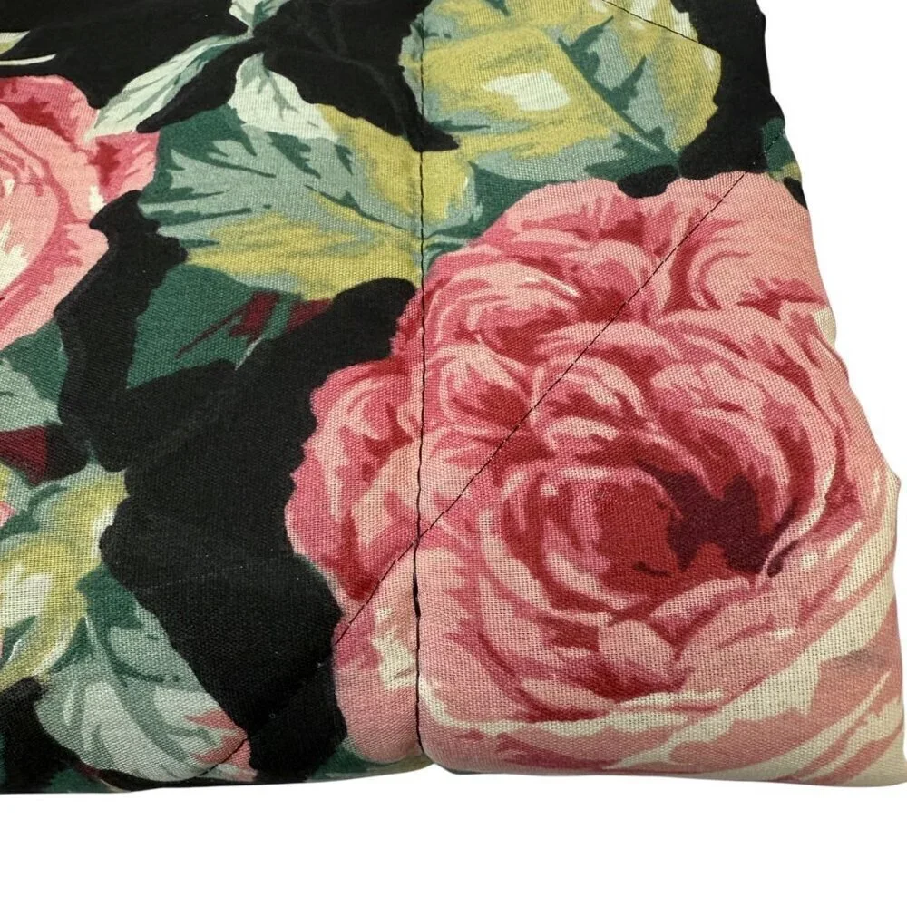 Cabbage Rose Floral Pillow Sham Quilted Black Pink Cotton Blend Pillowcase NEW